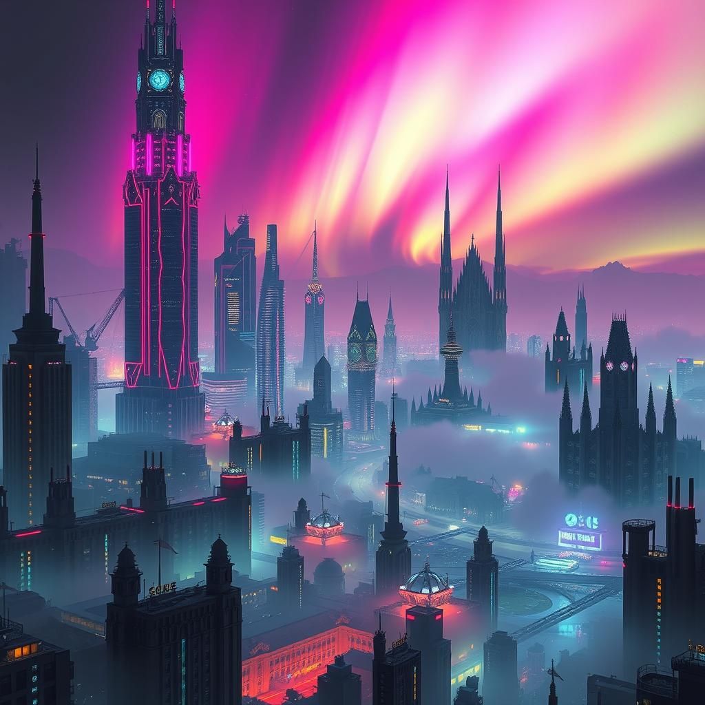 Cyberpunk Cityscape Unveils Anomalous Aurora Borealis