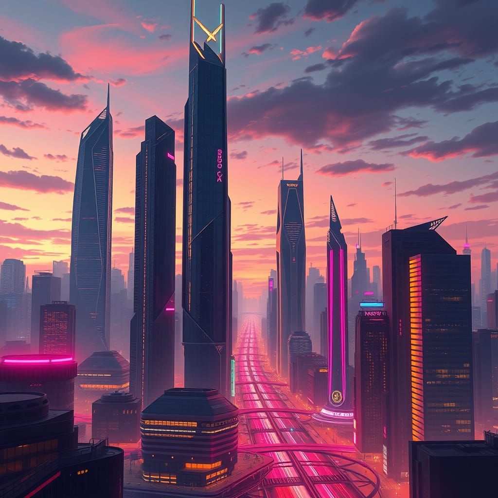 Futuristic Cityscape at Dusk in Cyberpunk Style