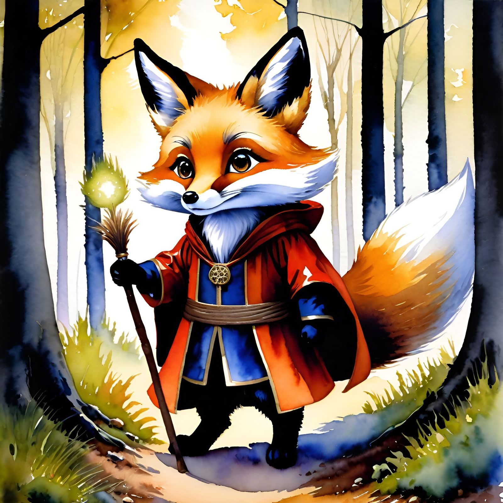 Chibi Wizard Fox in Watercolor Style