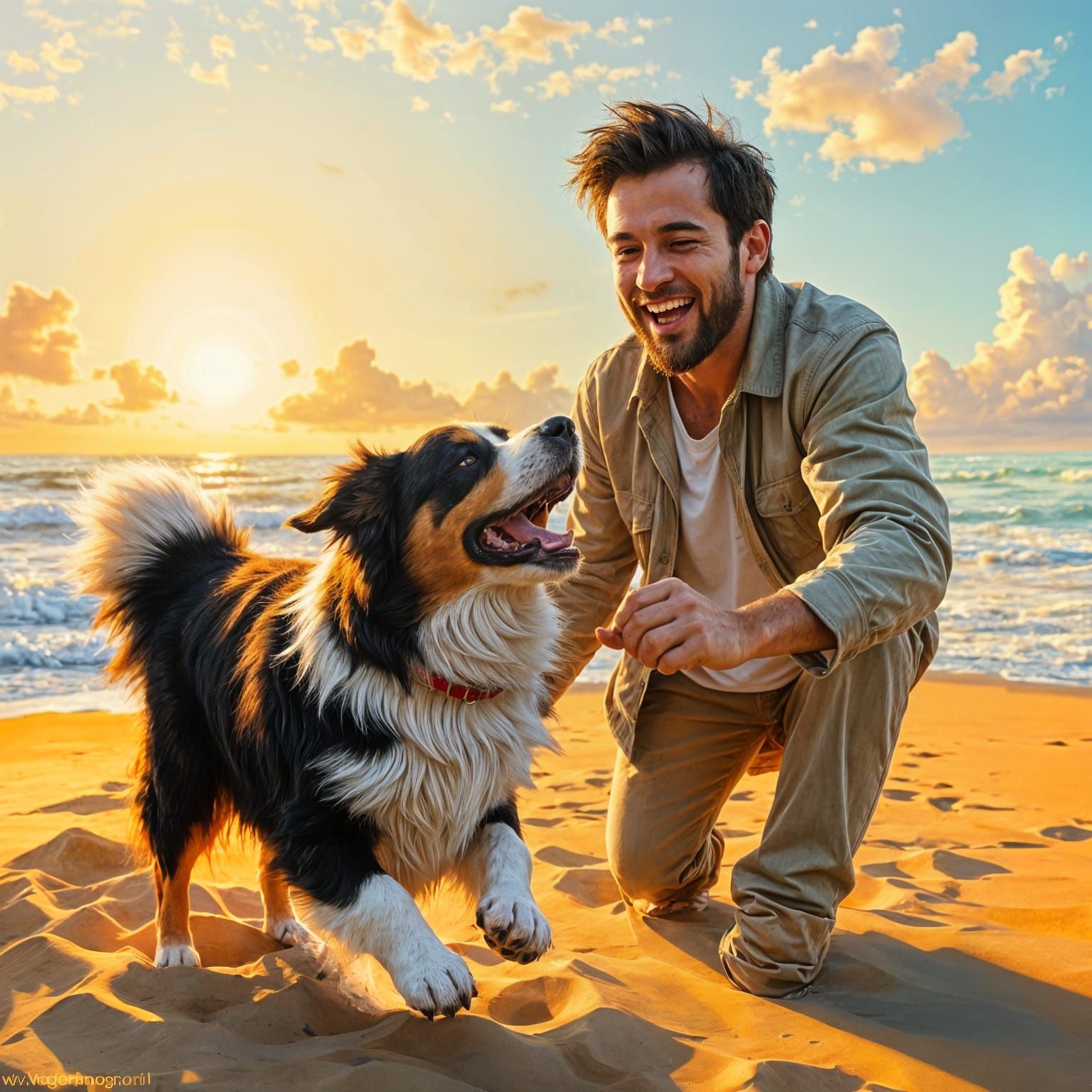 Joyful Moment of a Man and His Loyal Border Collie on the Be...