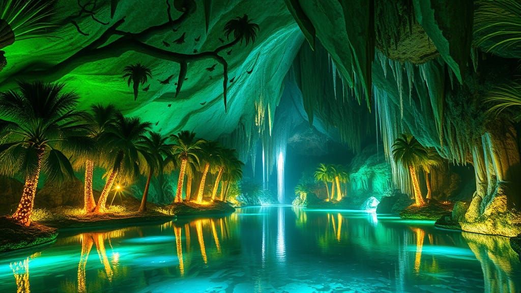 Hyperrealistic Cavern Oasis in Glowing Colors