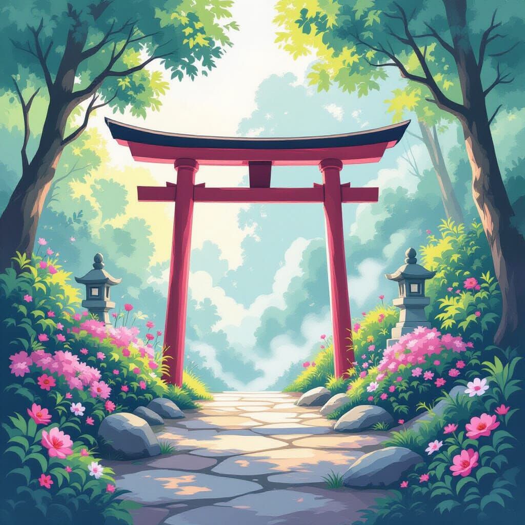 Pink Shrine Surrounded by Lush Greenery in Watercolor Style
