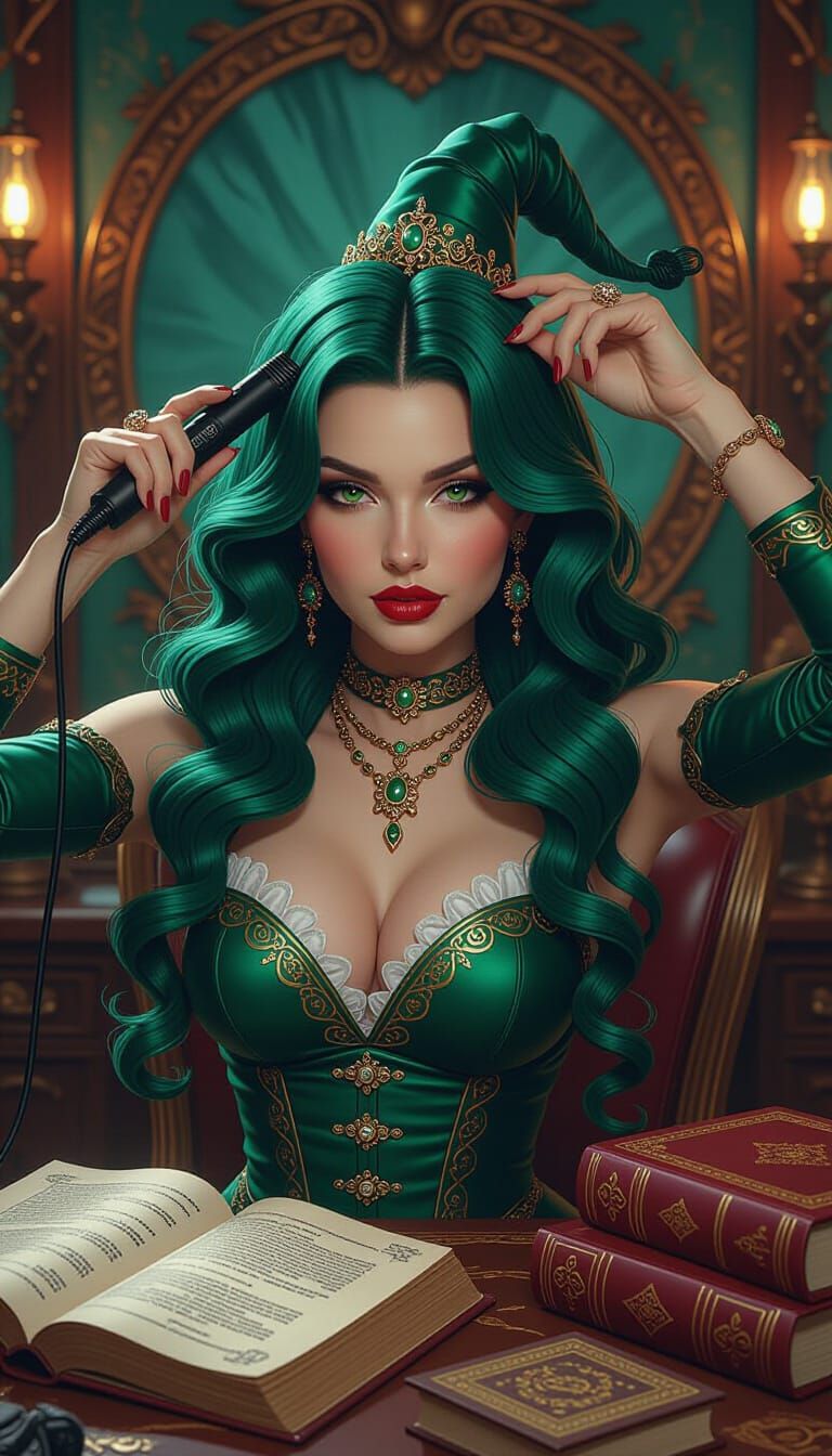 Glamorous Emerald Witch Styling Hair with Magic