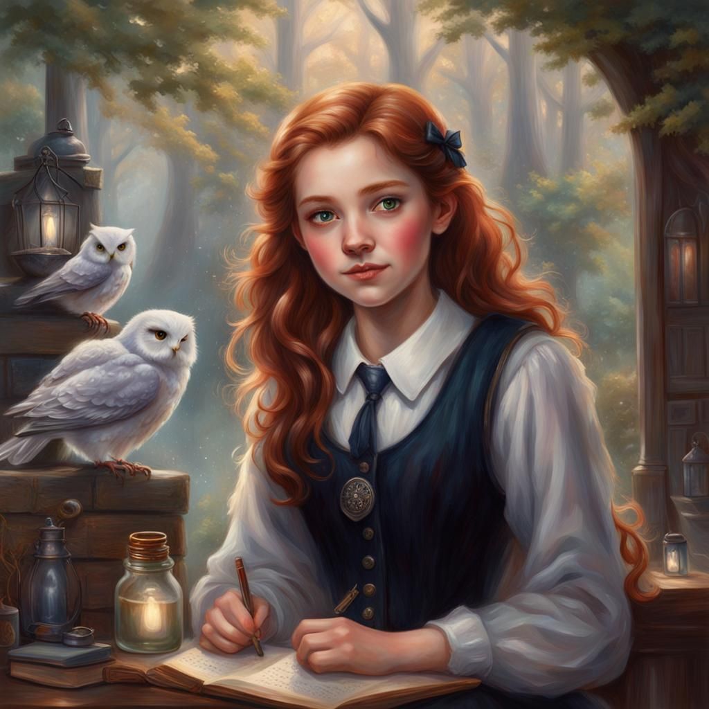 Auburn-Haired Witch Making Potions with Owl