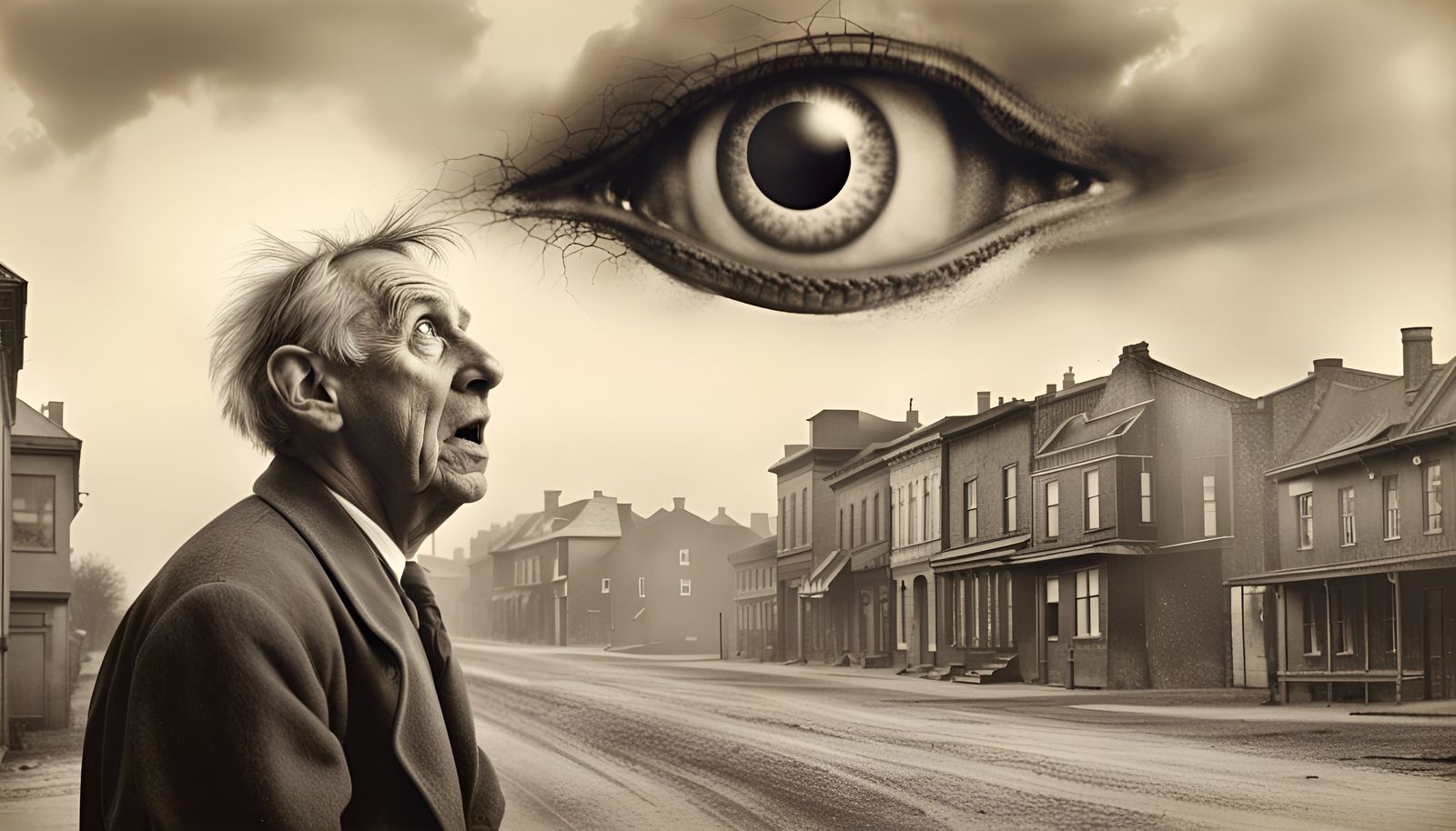 Terrified Man and Giant Eye: Hyperrealistic Retro Photo