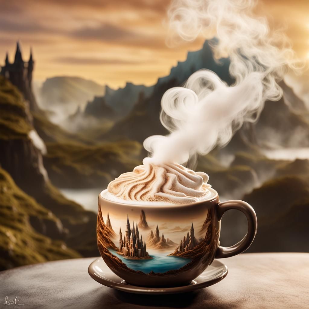 Magical Coffee: Fantasy Island in Steaming Mug