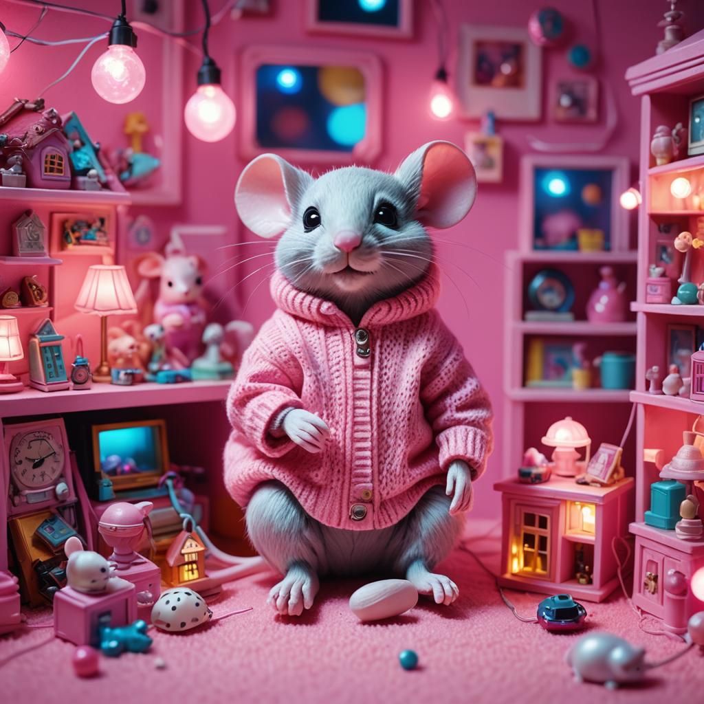 Synthwave Mouse in Dollhouse with Neon Lights
