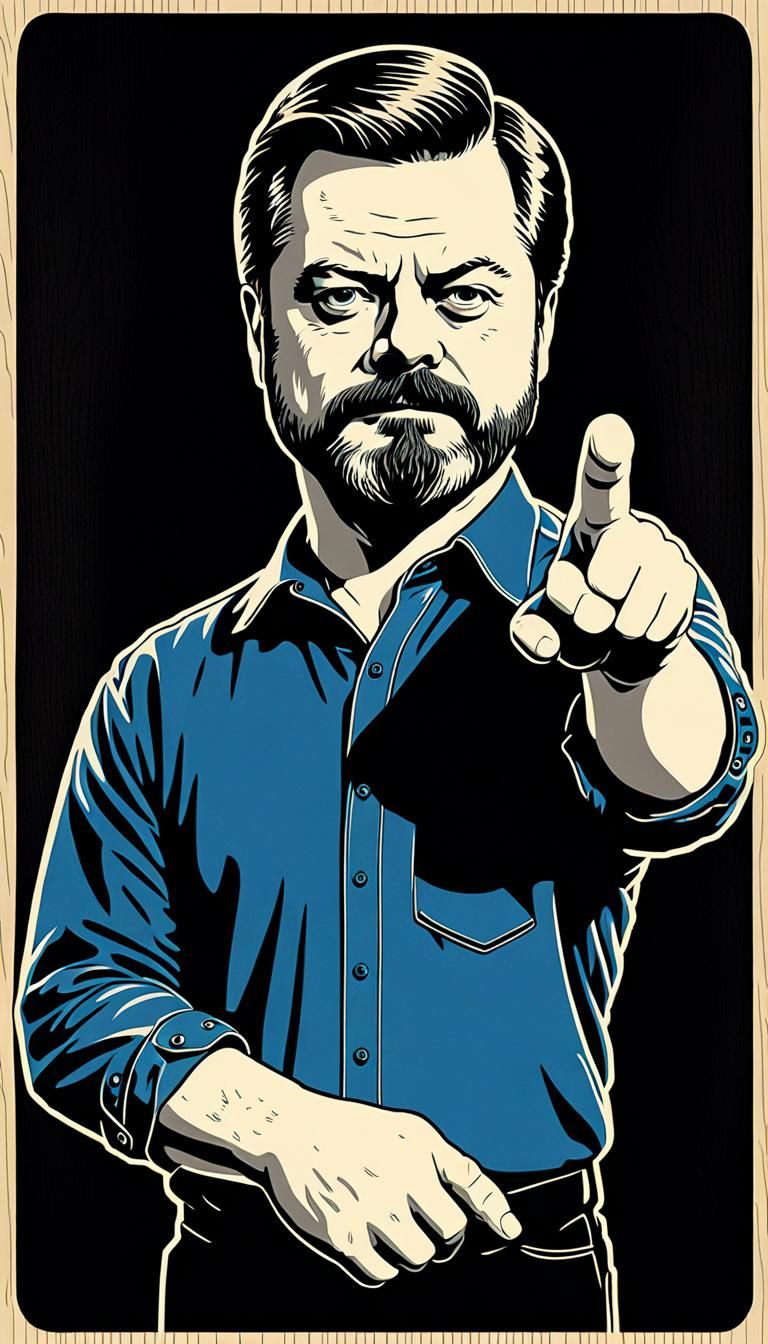 Nick Offerman as Foam Puppet in Woodcut Style