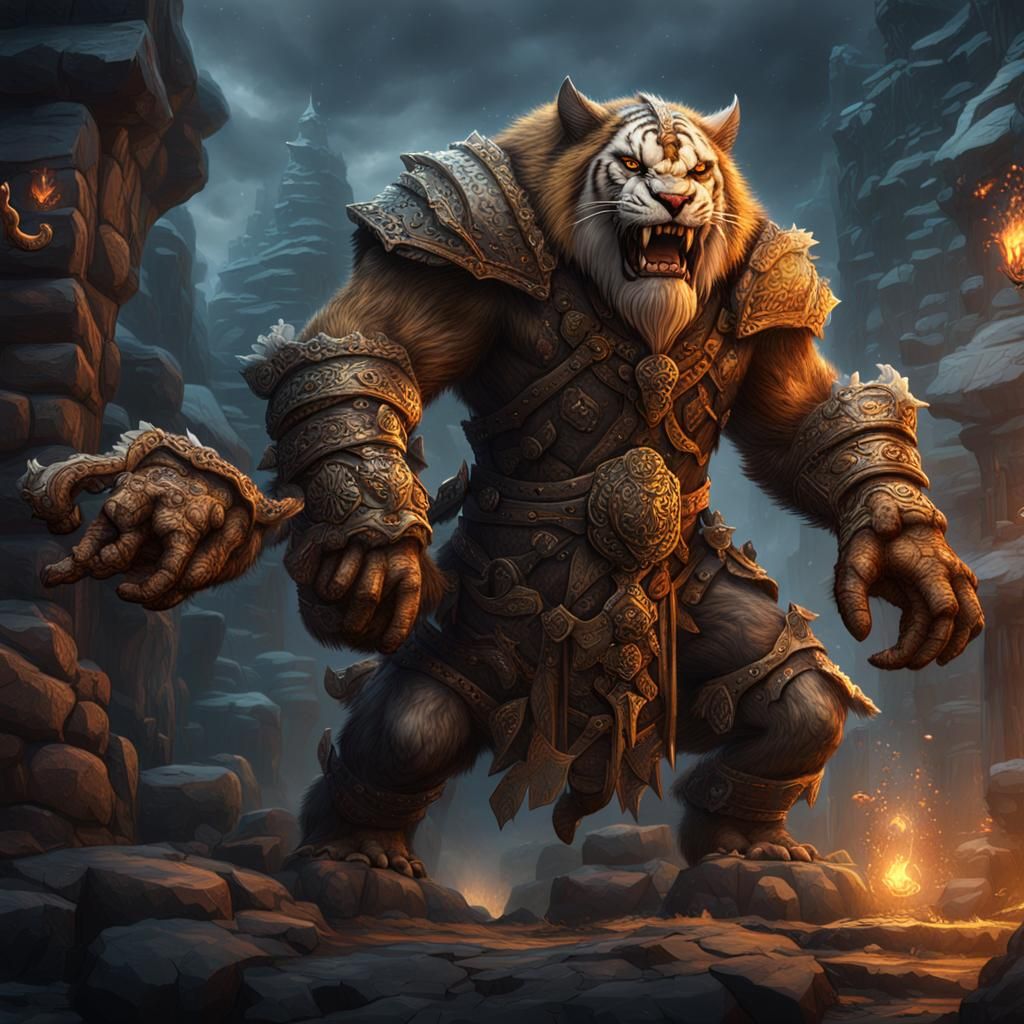 Dwarven Sabretooth Tiger Druid in Detailed Matte Painting