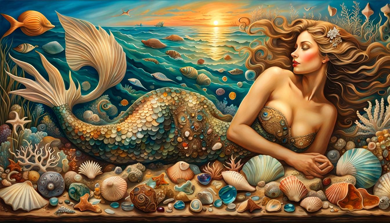 Sunset Mermaid on Jeweled Beach: Mythical Ceramic Art
