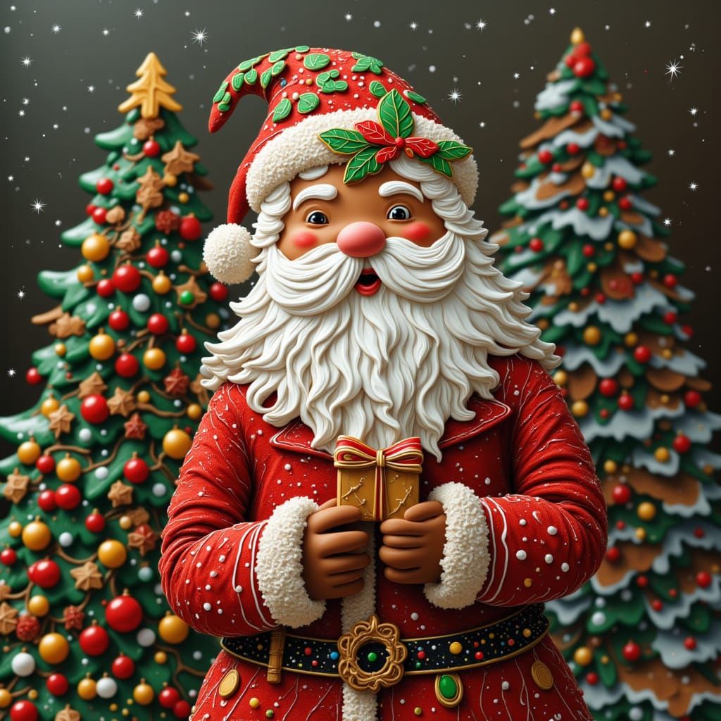 Adorable Santa Claus Holding Gift in Snowy Winter Scene