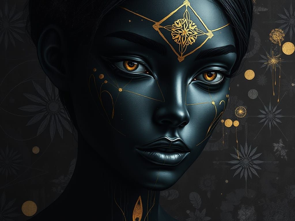 Geometric Gold Porcelain Face in Dark Ambiance