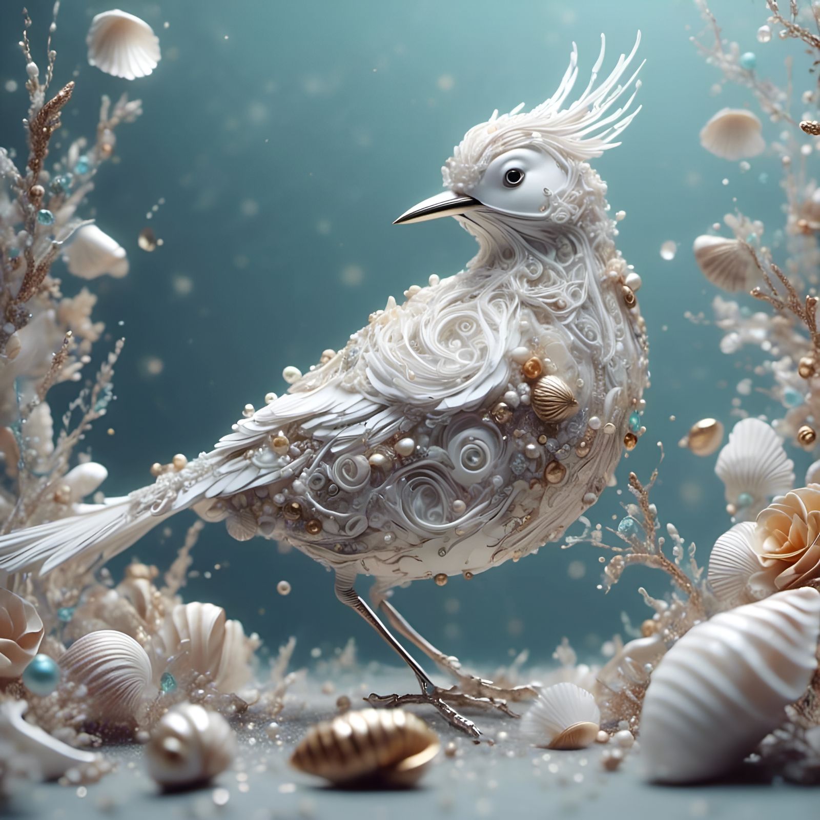 Seashell Bird with Pearls and Gems