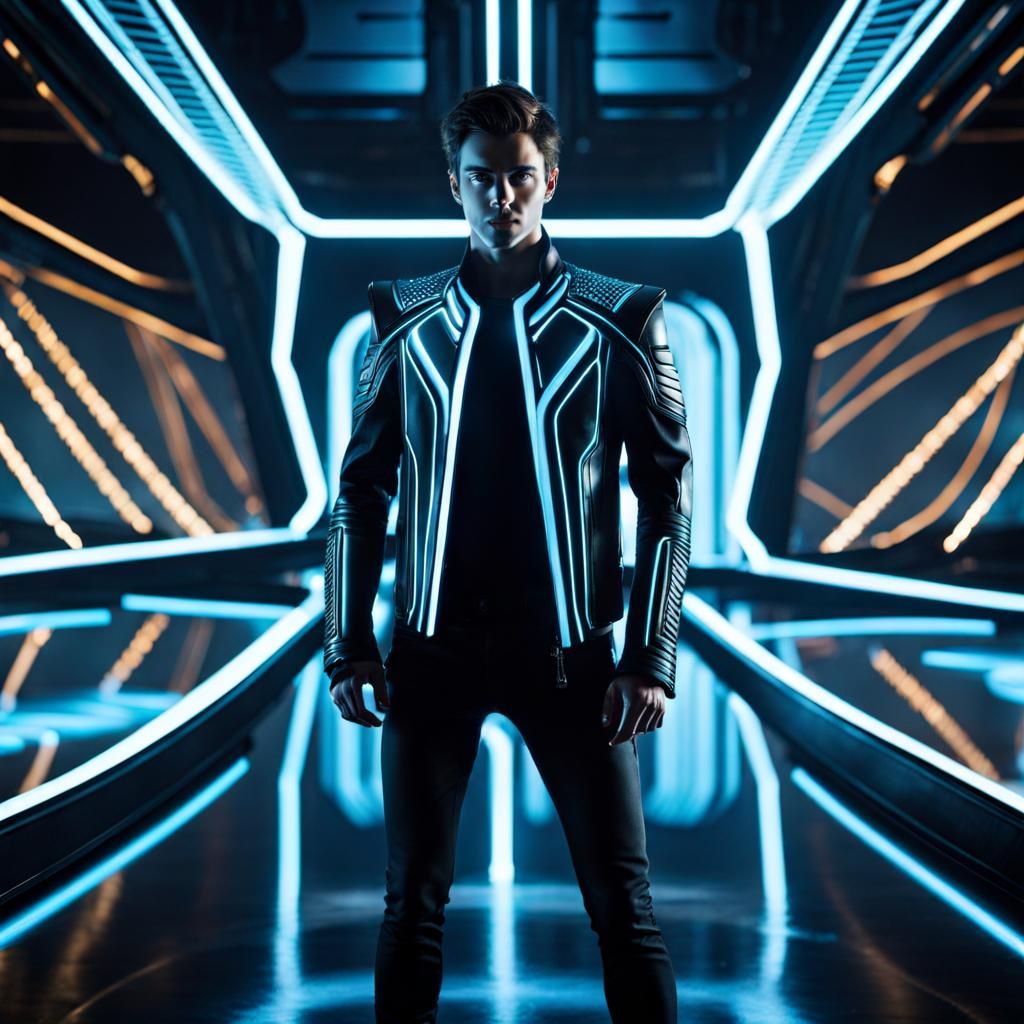 Heroic Man in Elaborate Tron Legacy Environment
