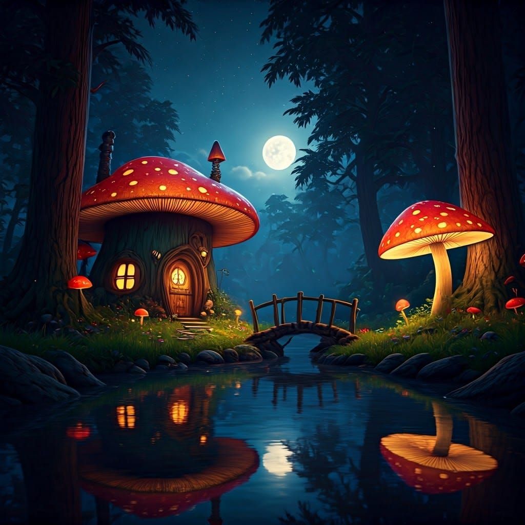 Fairy Elf in Magic Mushroom House by Moonlit Lake