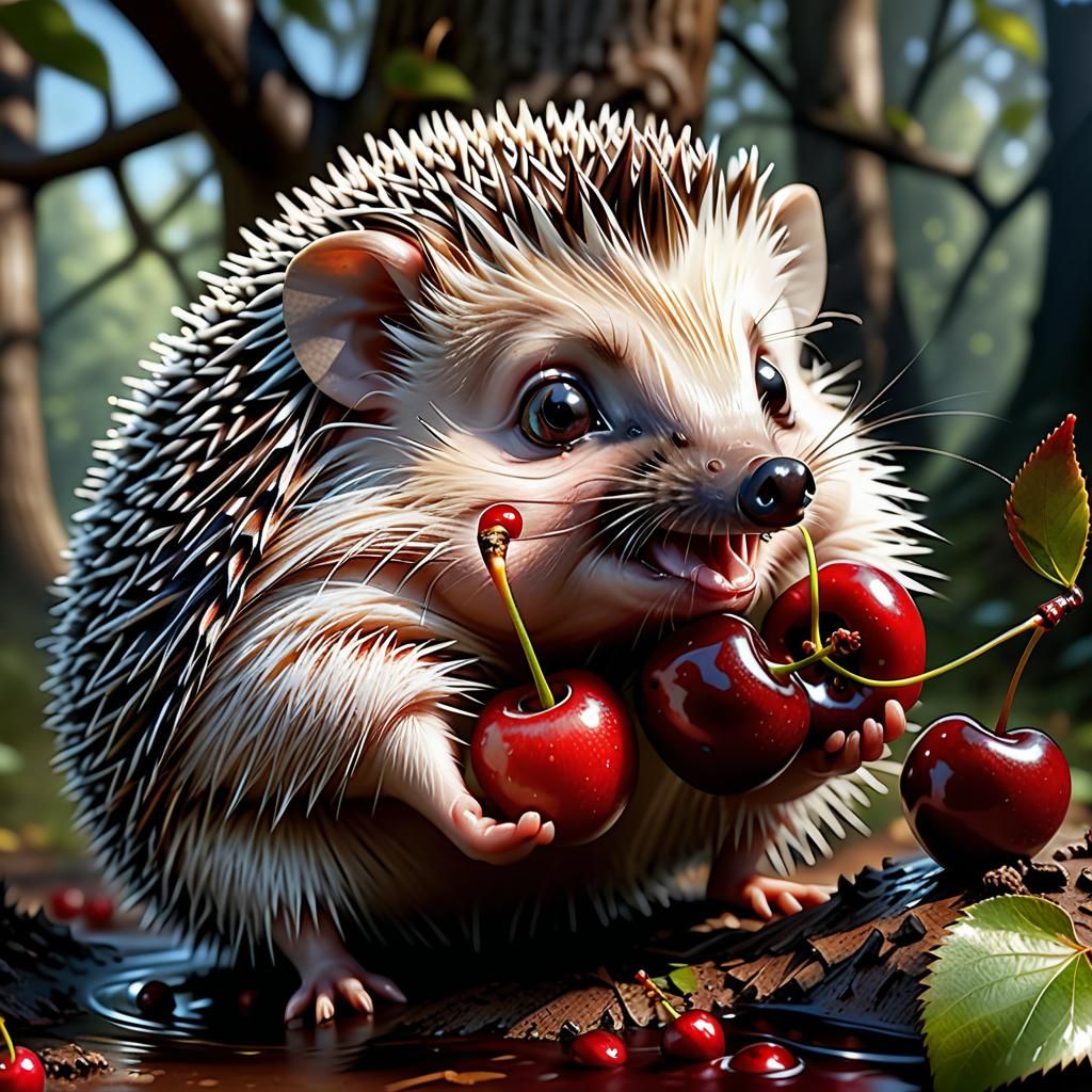 Happy Hedgehog Eating Cherry in Hyperrealistic Style