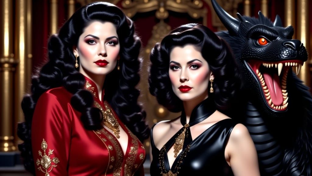 Woman and Dragon Beside Altar in Hollywood Wave Style