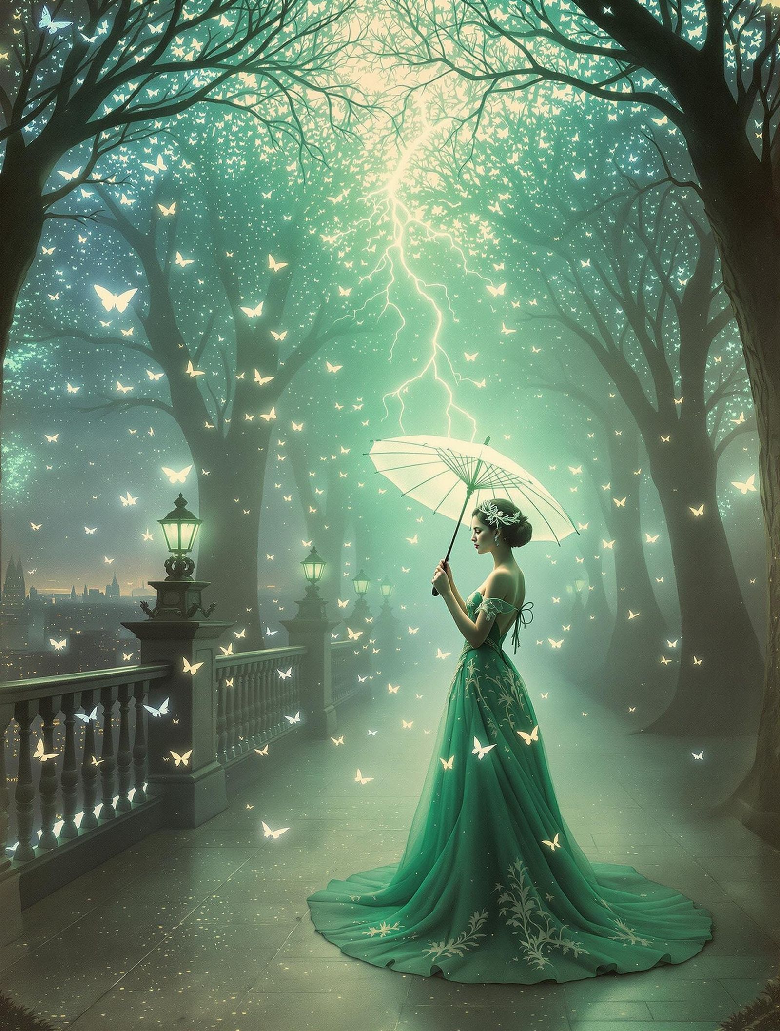 Electric Parisian Woman in Luminous Tesla Grove