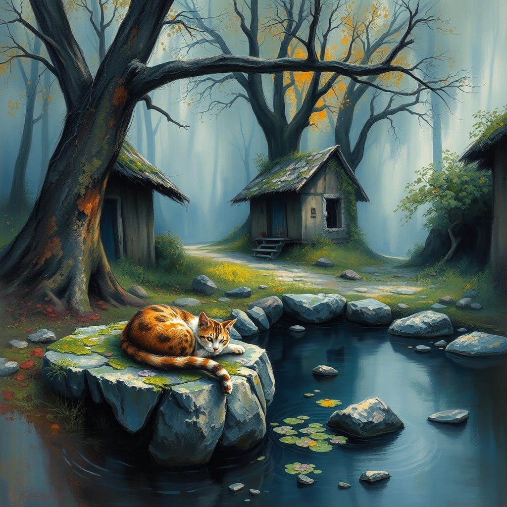 Sleeping Cat: Detailed Charcoal Drawing in Gouache Style