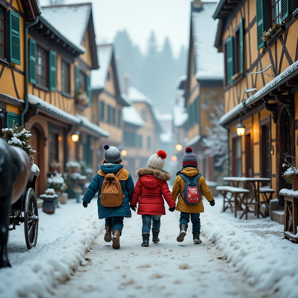 Children Playing in Snowy Medieval Vienna Street