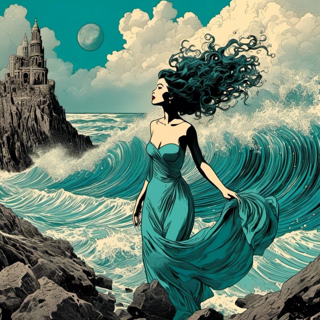 Surreal Comic Collage of Woman Walking on Beach