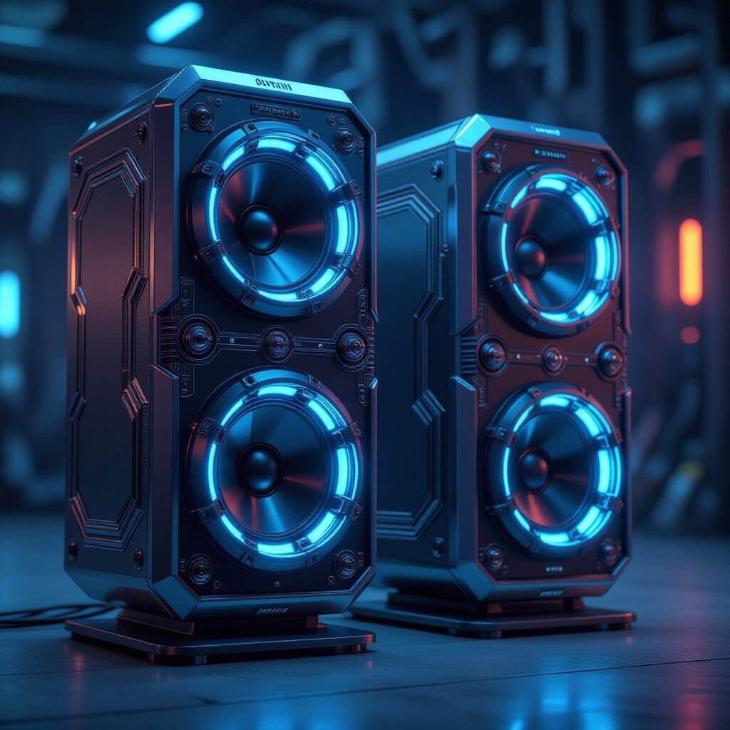 Futuristic Speakers with Pulsing Blue Lights