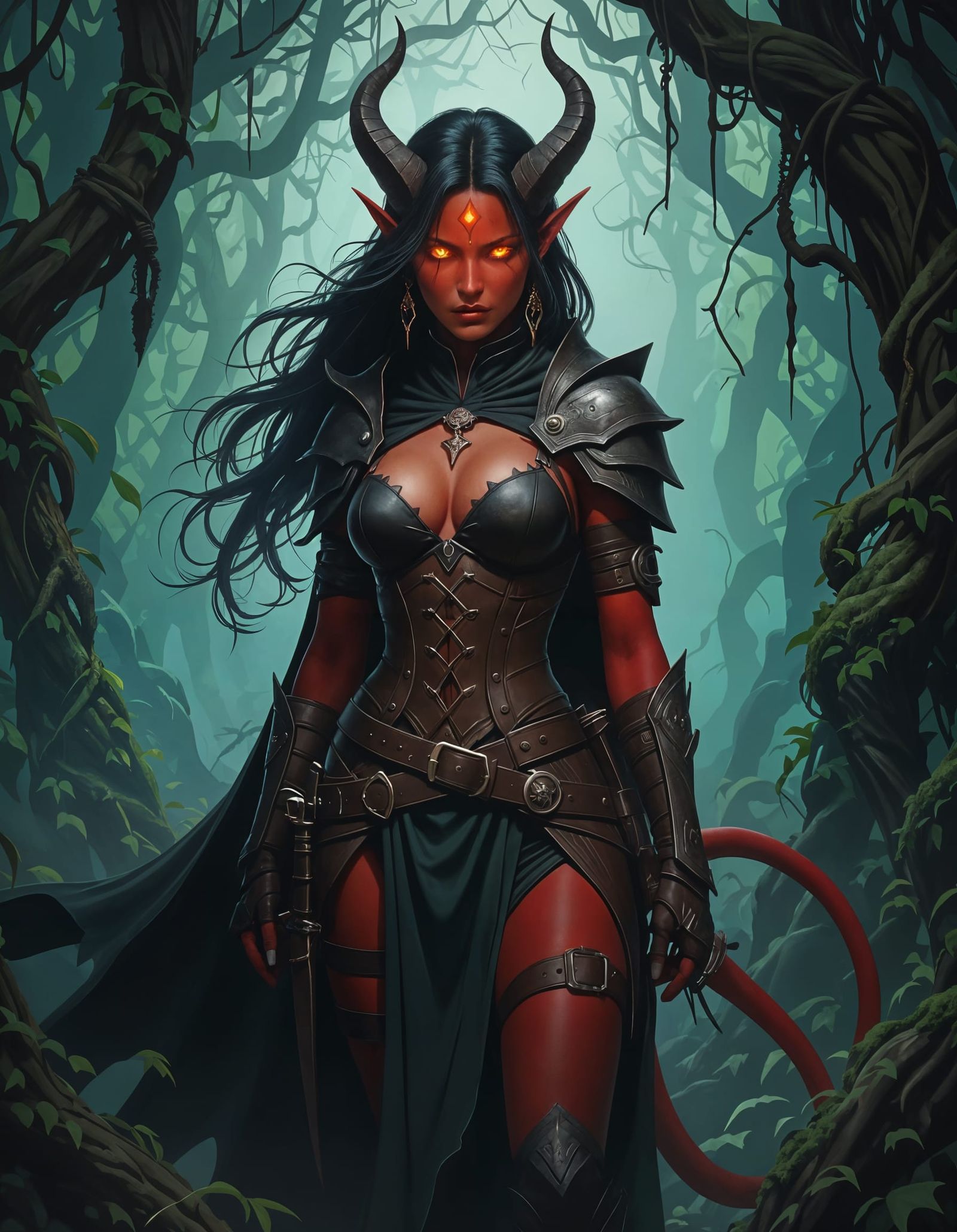 Crimson Tiefling Hunter in Ancient Forest