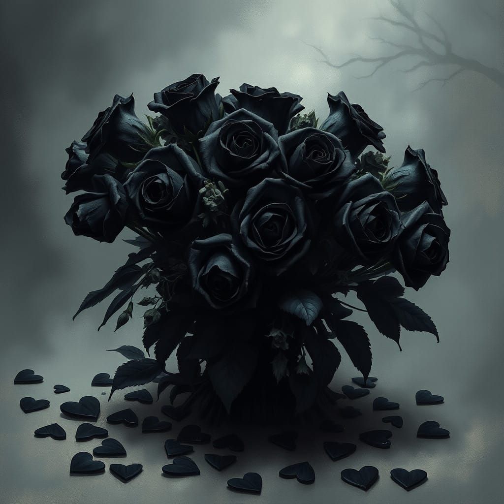 Ethereal Black Rose Bouquet in a Haunting Gothic Setting