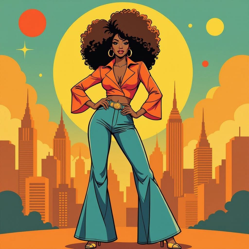 1970s Fashion Ad: Woman in Bell-Bottoms with Psychedelic Cit...