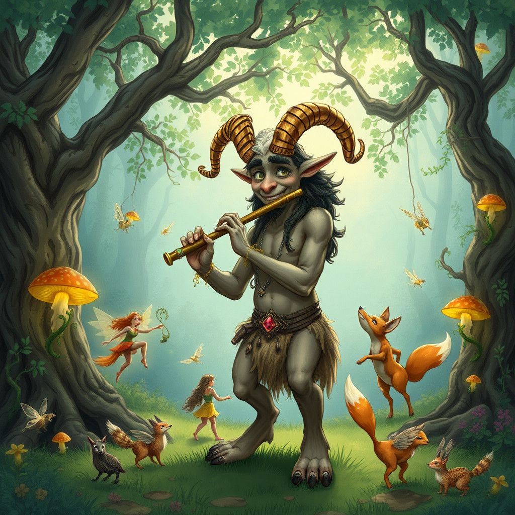 Enchanting Satyr Plays Flute in Forest Glade