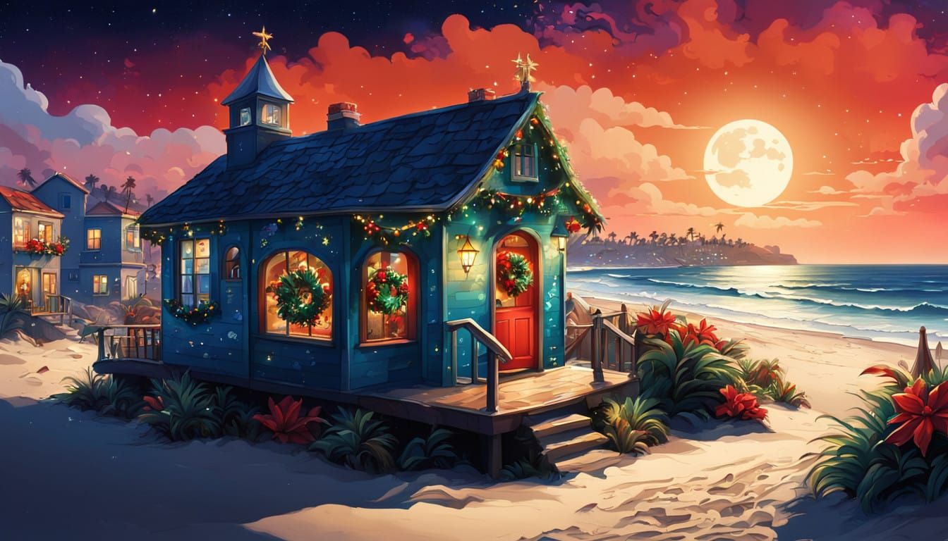 Surreal Beachside Christmas Wonderland in Vibrant Color
