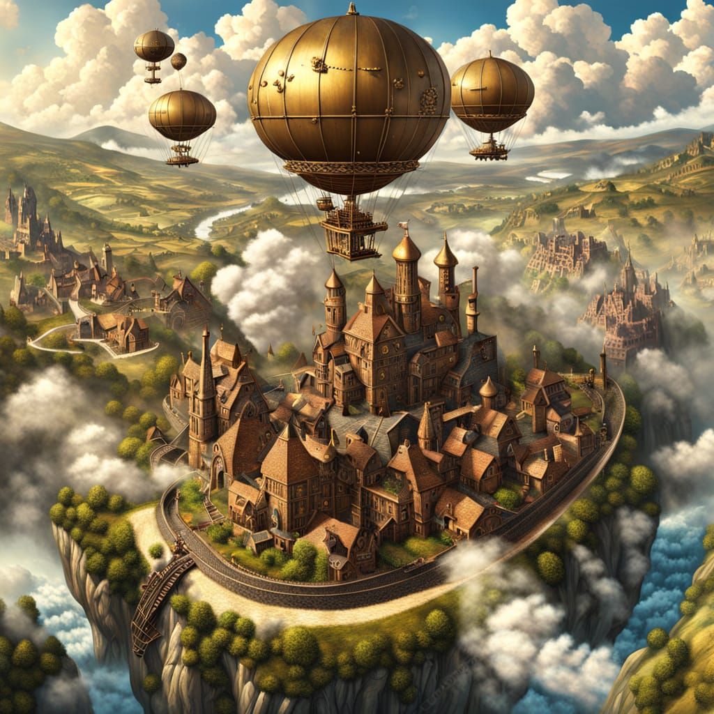 Steampunk Airship Soars Above Medieval Village in Industrial...