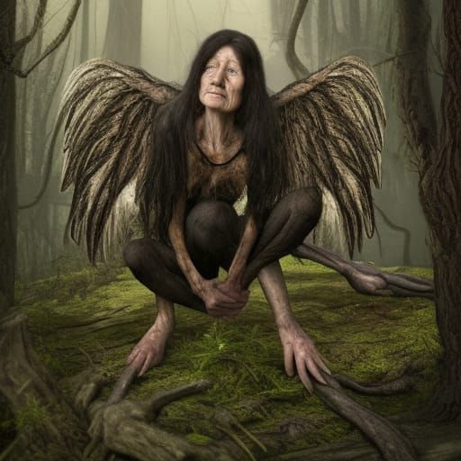 Gaunt Witch Crouching in Forest, Detailed Fantasy Art