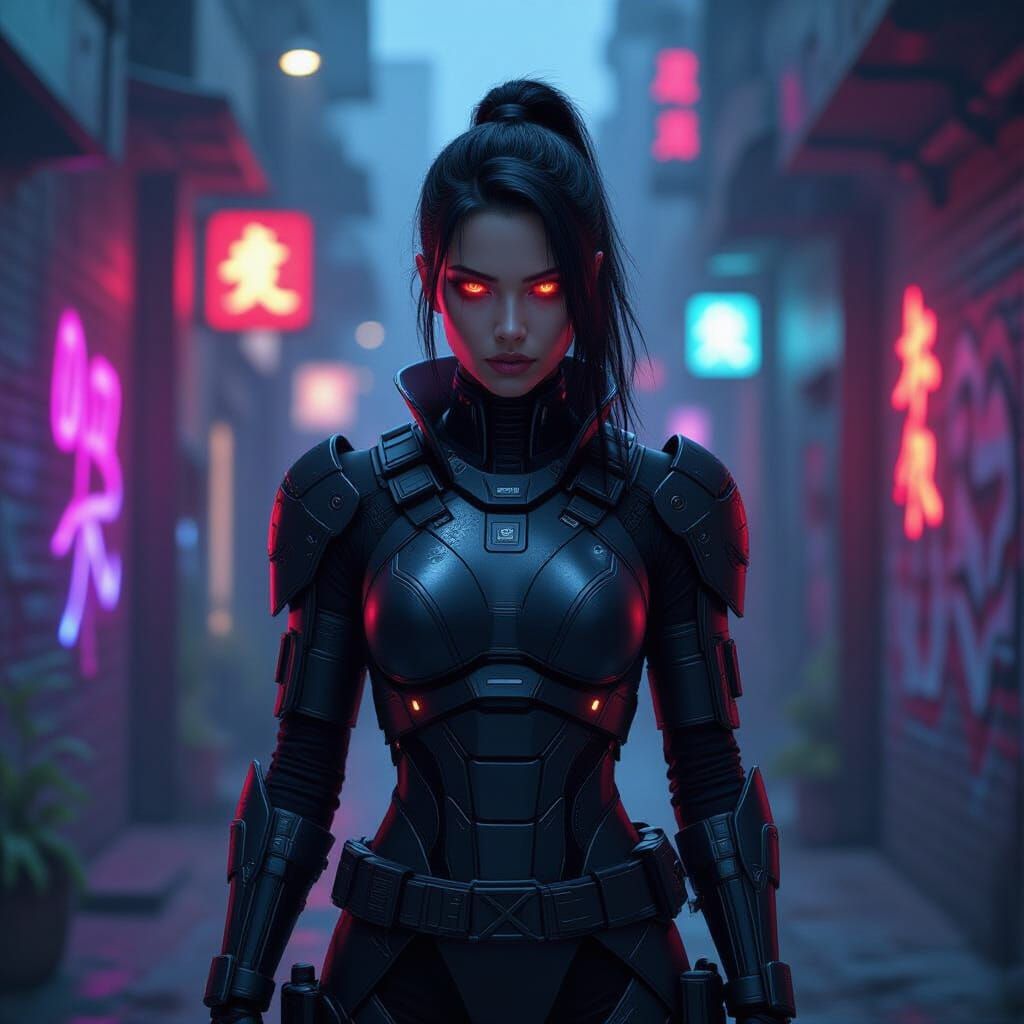 Cyberpunk Warrior in Neon Alley