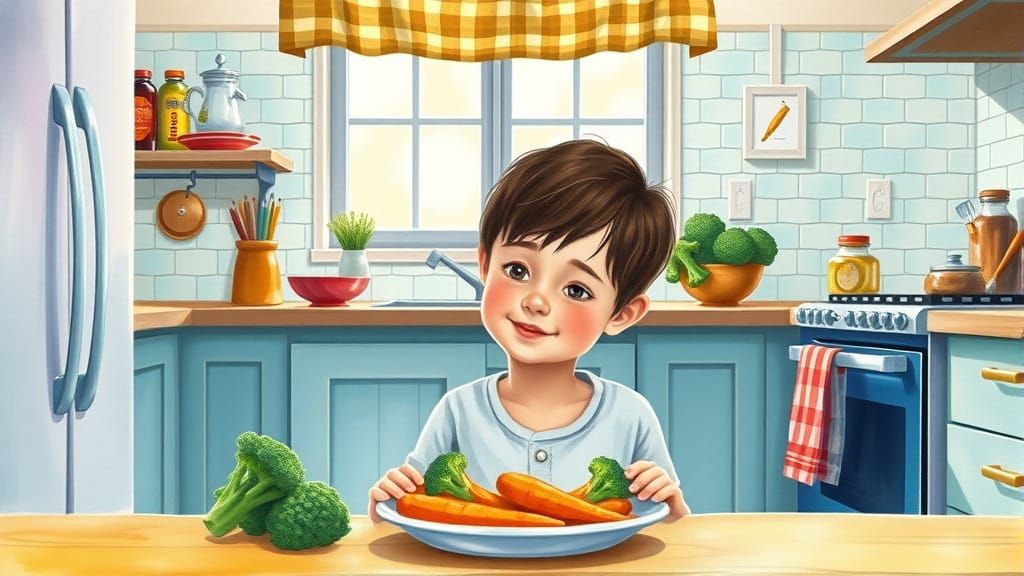 Young Boy Chooses Carrots or Broccoli in a Whimsical Kitchen...