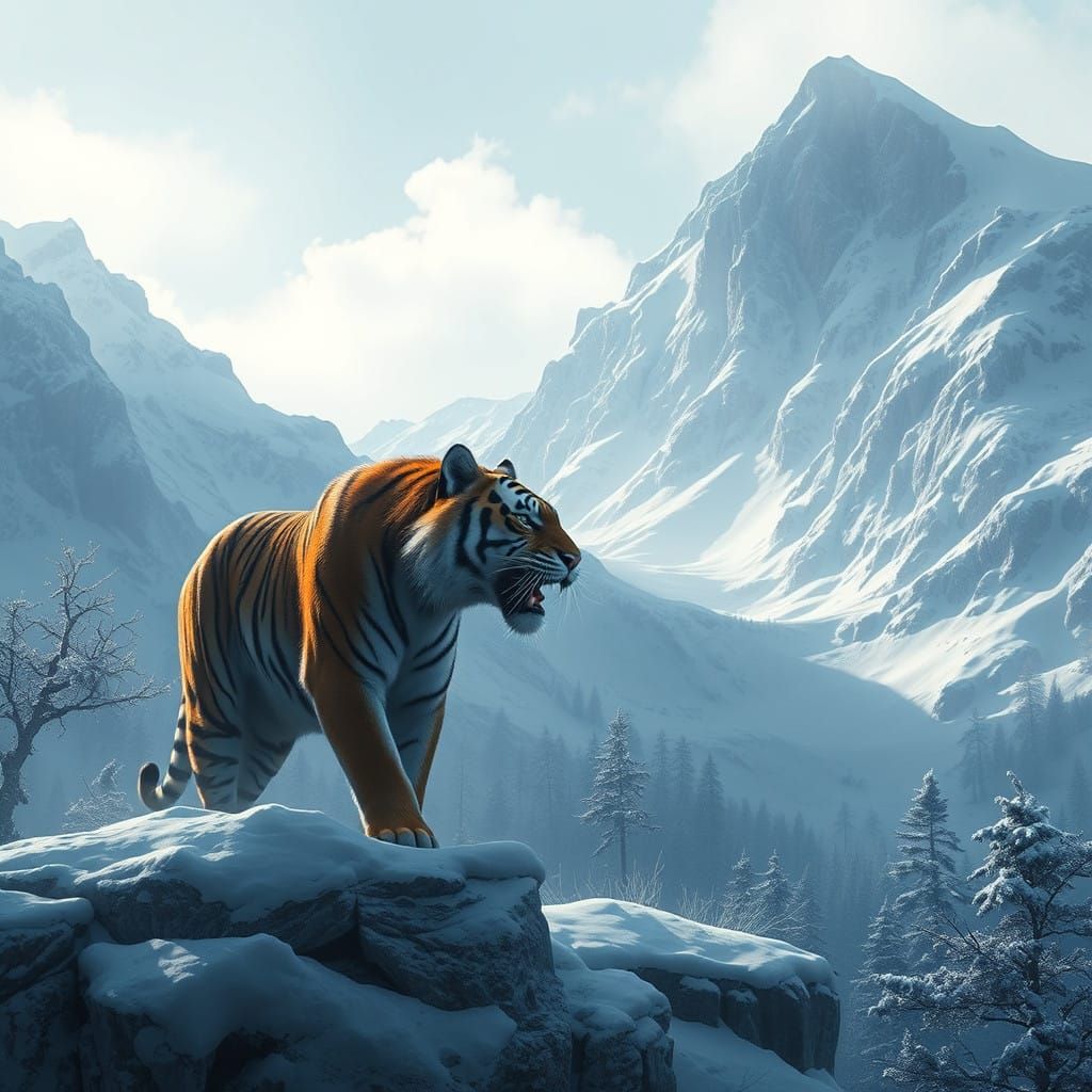 Siberian Tiger in Majestic Snowy Peaks