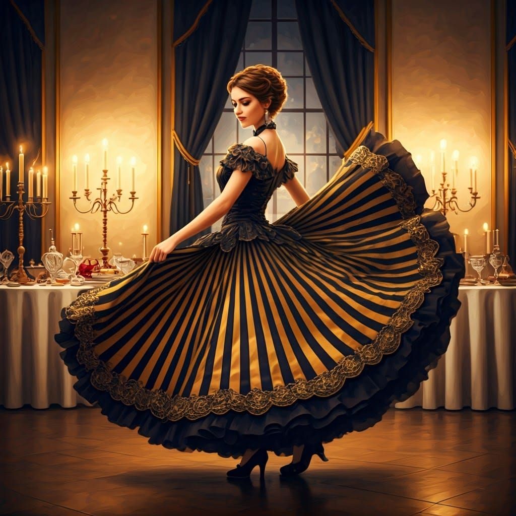 Elegant Woman Dances in Opulent Banquet Hall