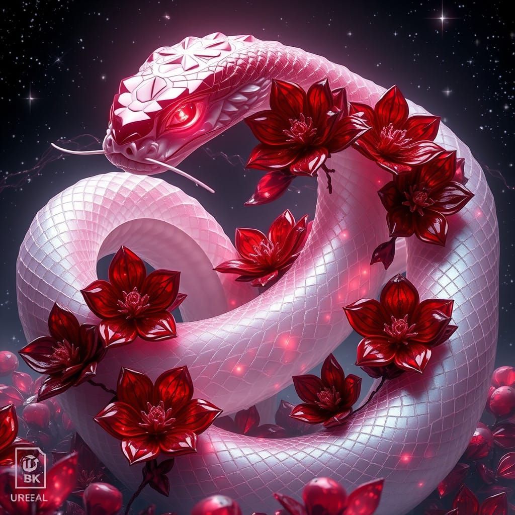 Ethereal Serpent Amidst Celestial Crystal Flowers