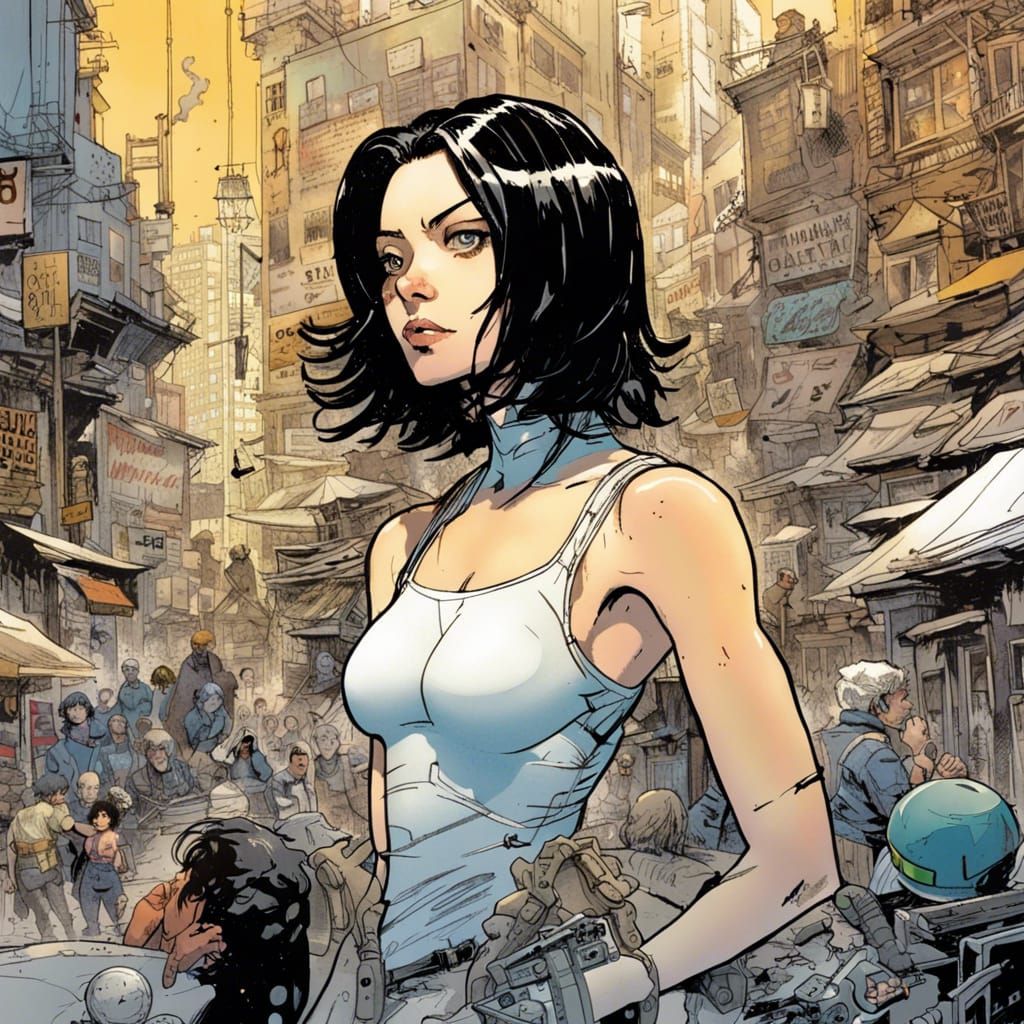 Alita Prepares for Motorball Race: Intricate Pen Illustratio...