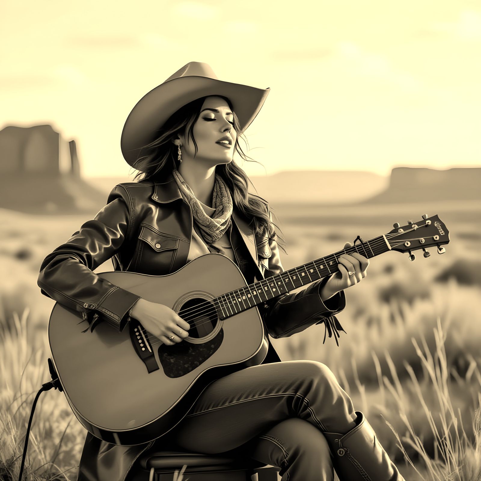 Woman Sings Acoustic Guitar in Wild West Open View