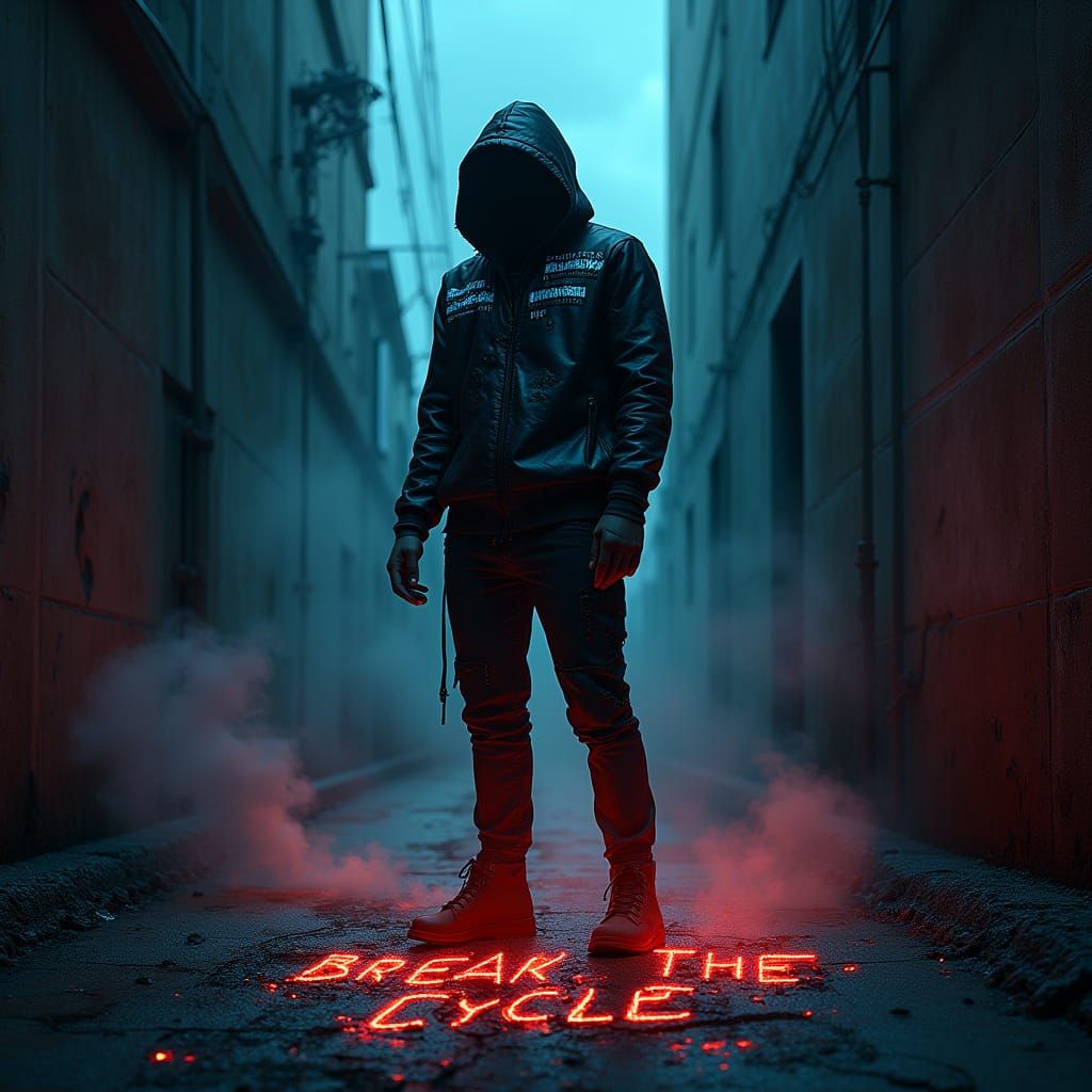 Cyberpunk Figure Shatters Cycle in Neon Alleyway