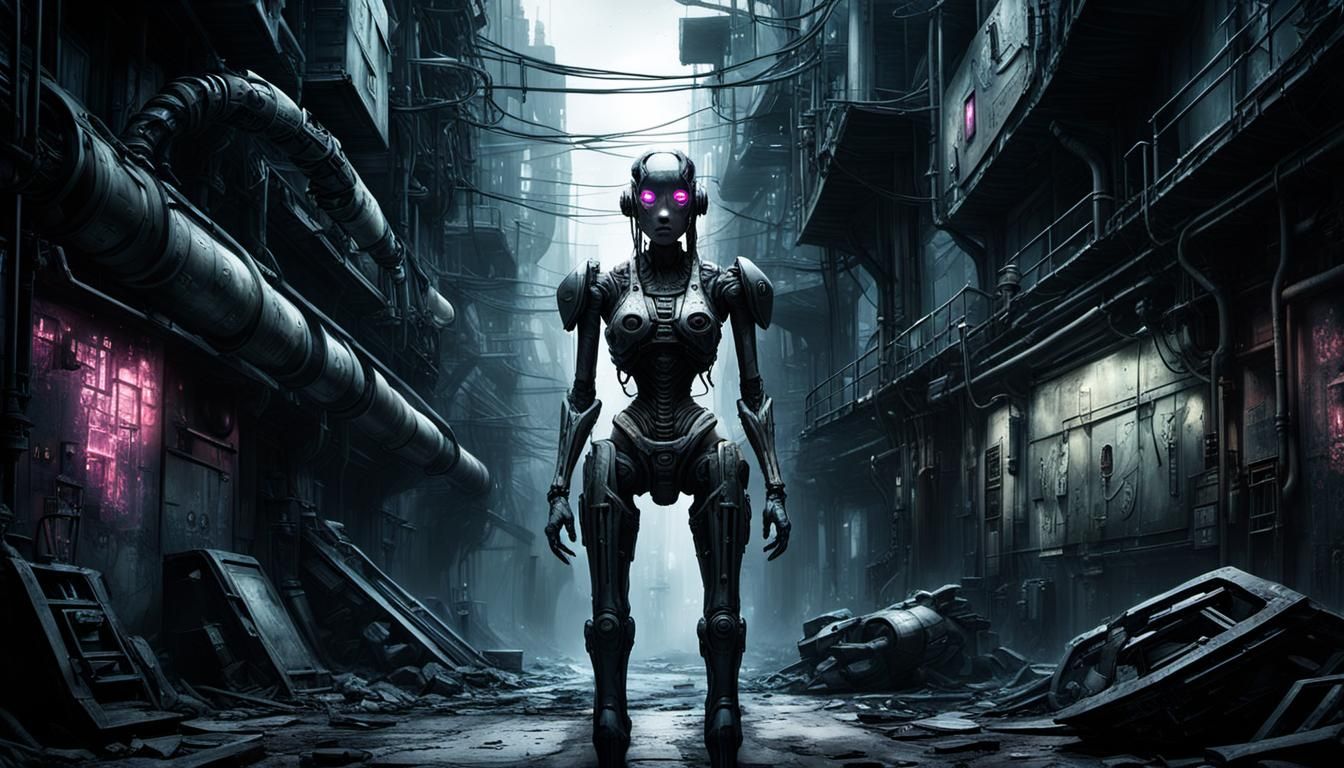 Creepy Cyberpunk Robot Girl in Abandoned Alley