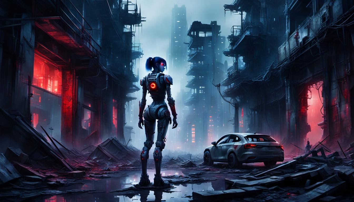 Terrifying Cyberpunk Robot Girl in Abandoned City