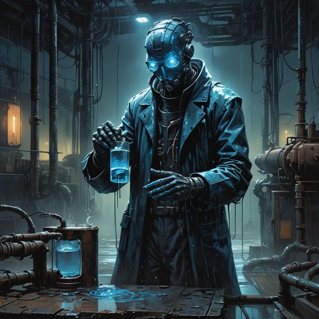 Menacing Figure Drinks Electric Blue Liquid in Dark Sci-Fi