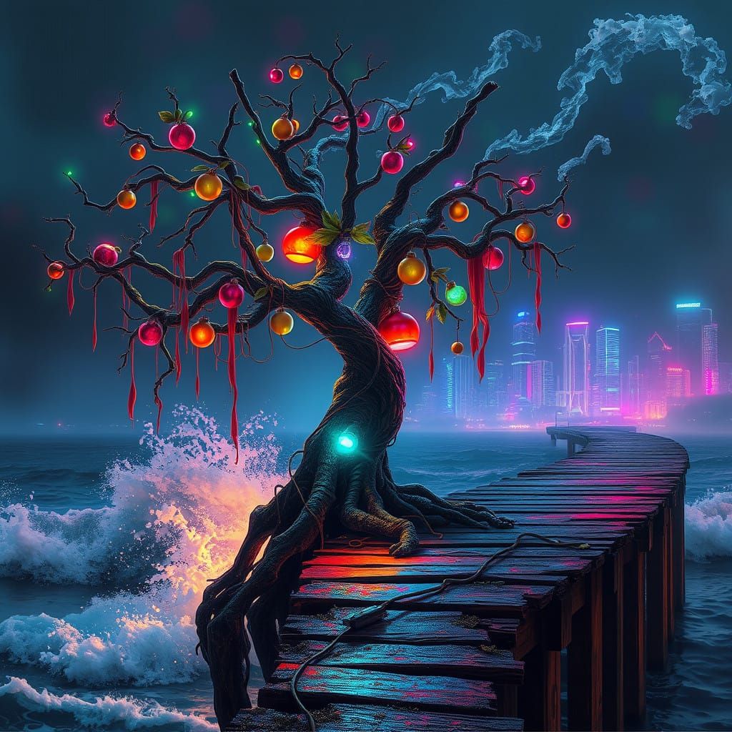Cyberpunk Christmas Tree on a Dilapidated Pier