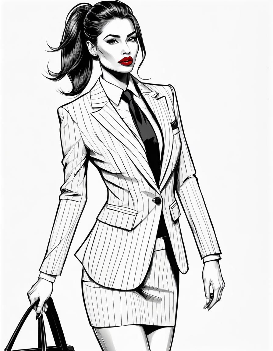 Brunette in Suit Jacket, Black and White Line Art
