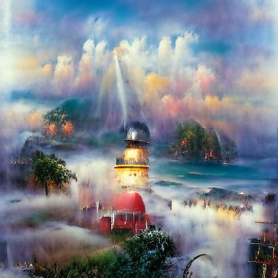 Lighthouse on Foggy Coast in Luminist Style