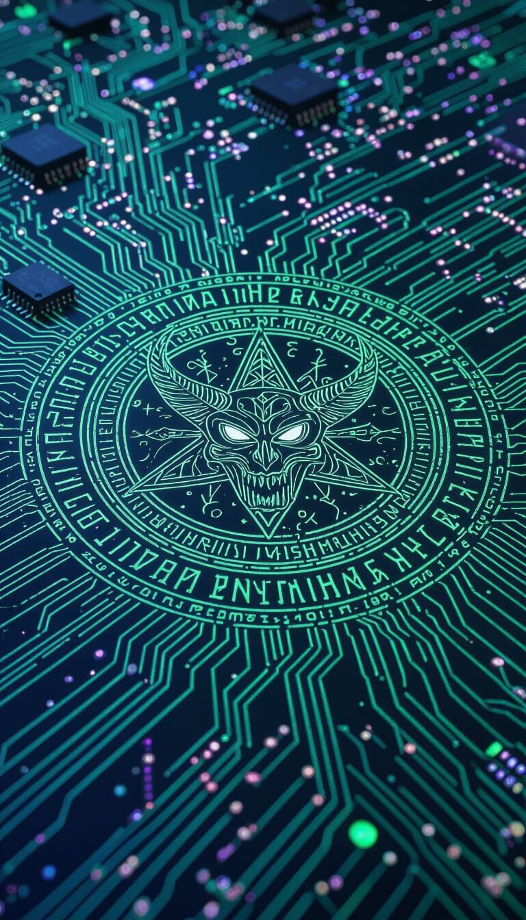 Demonic Runes Etched on Hyperrealistic Circuit Board