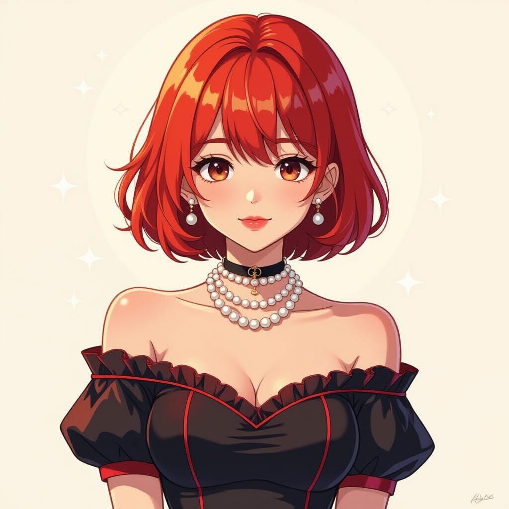 Anime Girl in Pearl Dress, Vibrant Linework Illustration