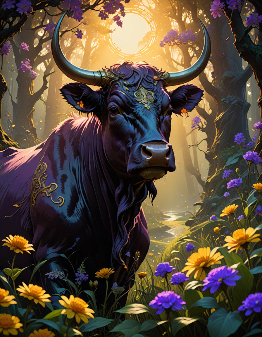 Ethereal Cow Goddess in Vibrant Floral Realm